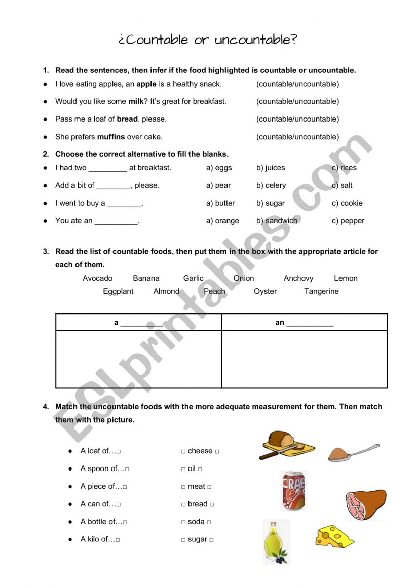 Countable or uncountable worksheet