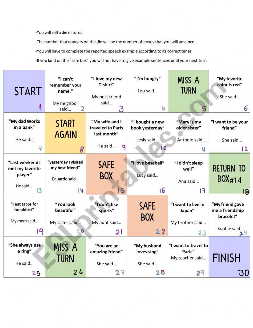 REPORTED SPEECH BOARD GAME worksheet