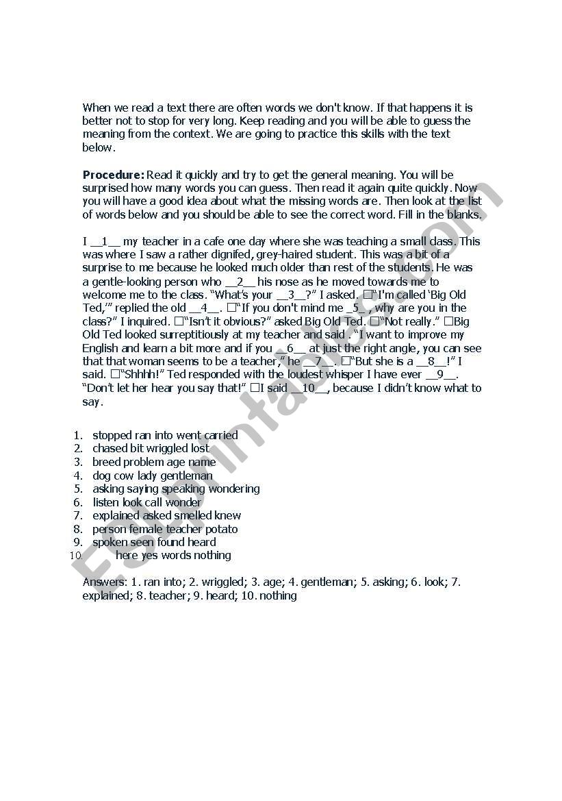 Reading worksheet