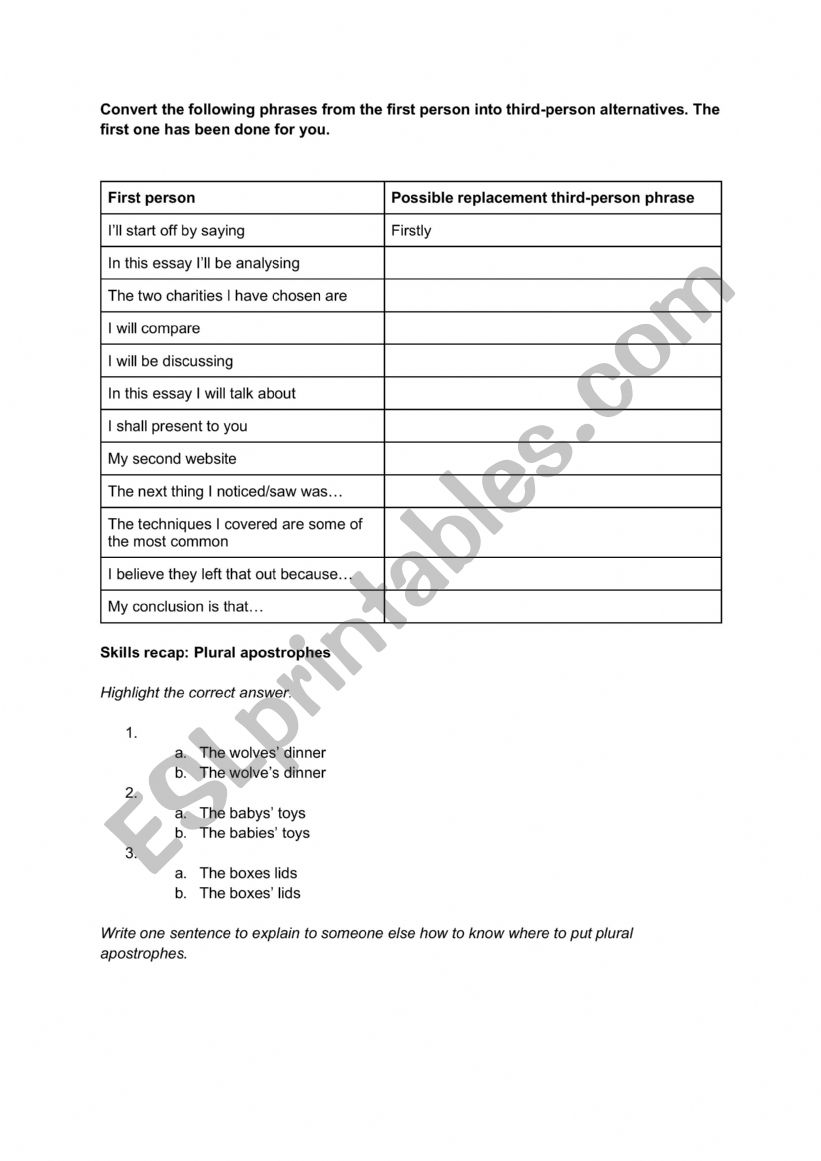 First-person to third-person phrase converter PLUS plural apostrophe recap