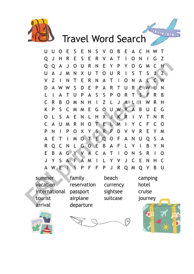 travel word search worksheet