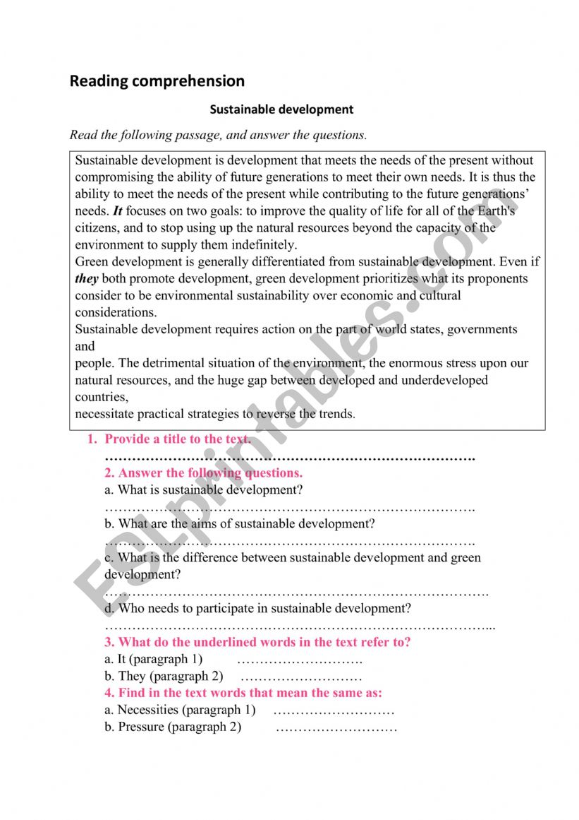 Sustainable development worksheet