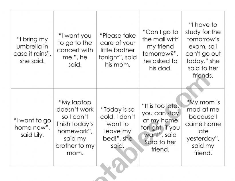 Reported Speech memory game worksheet