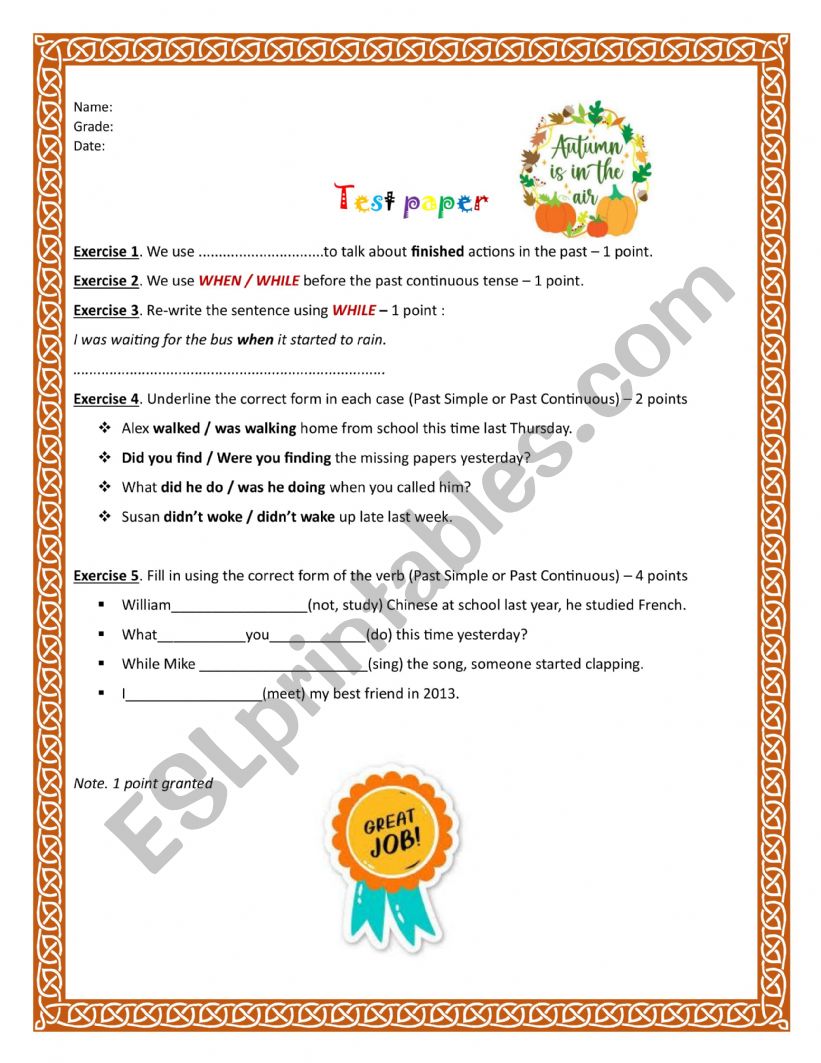 TEST PAPER - PAST SIMPLE vs. PAST CONTINUOUS
