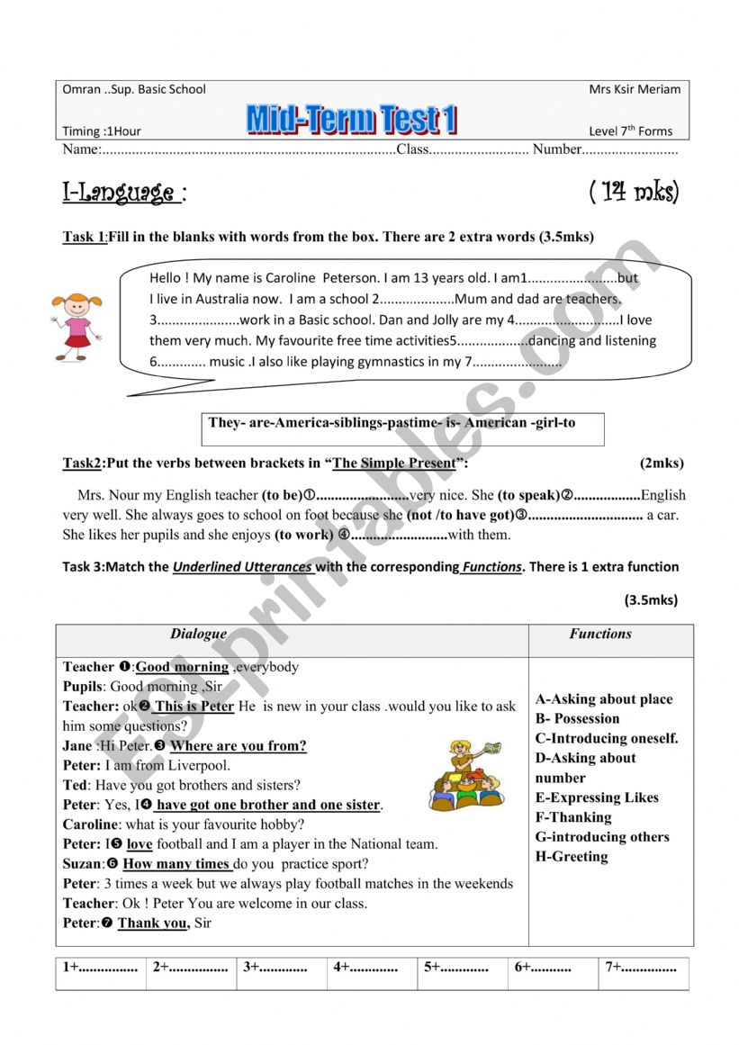   MID TERM TEST 1 7TH F worksheet