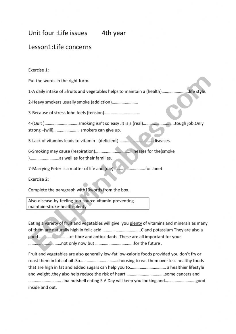  lesson1:life issues worksheet