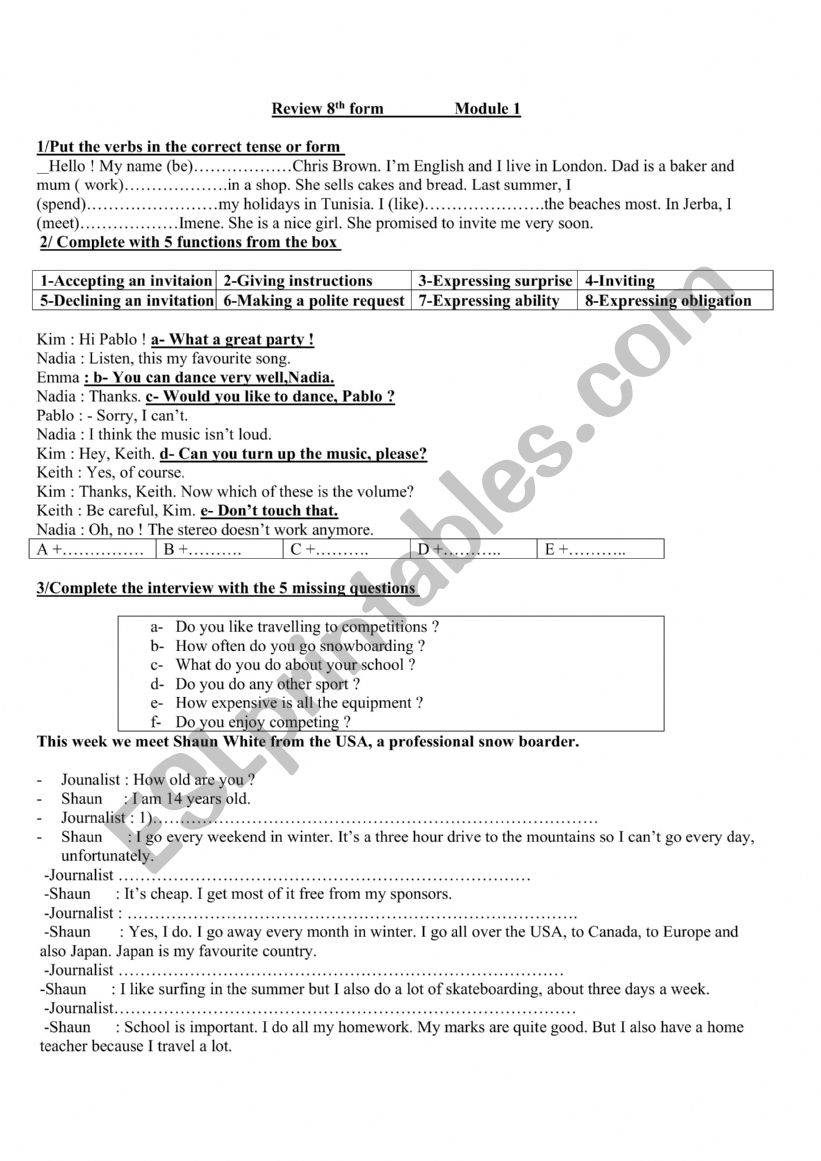 review 8th form mdule 1 worksheet