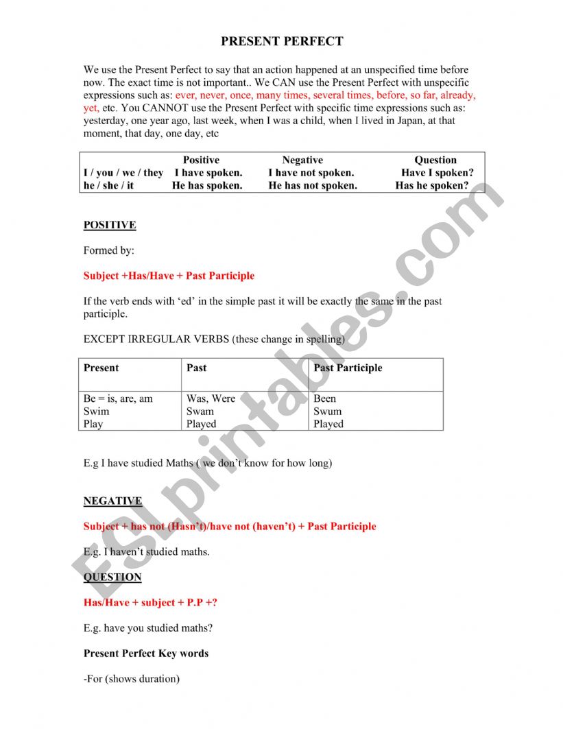present perfect worksheet