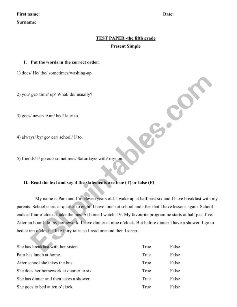 Test Paper-Present Simple worksheet