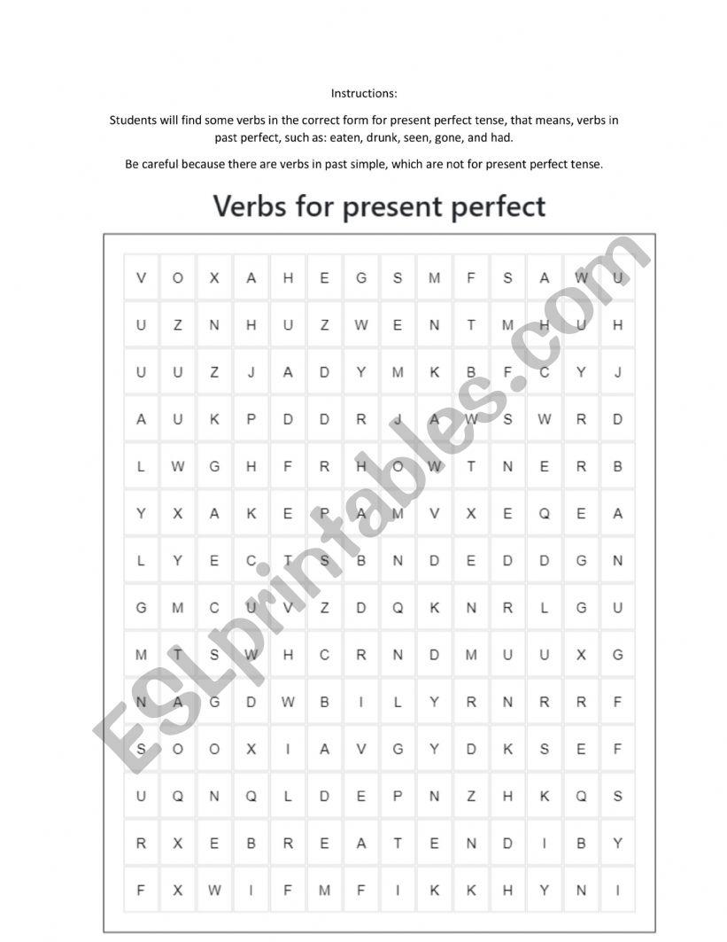 Word search - present perfect worksheet