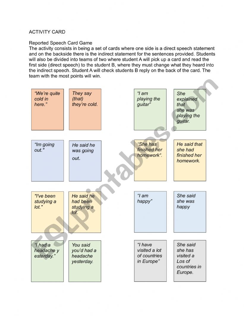 Reported Speech Card Game worksheet
