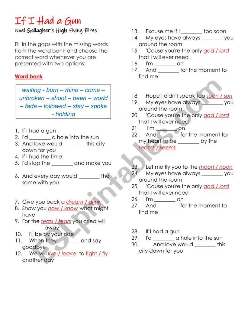 If I had a gun - Second conditional song worksheet