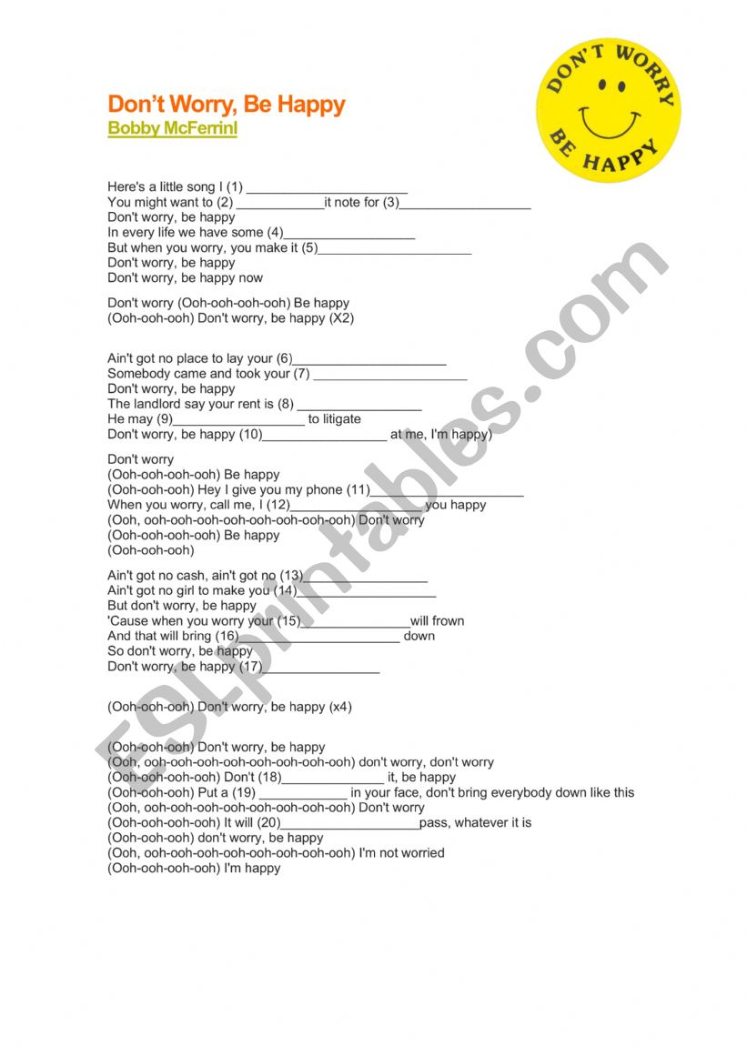 Dont worry be happy worksheet