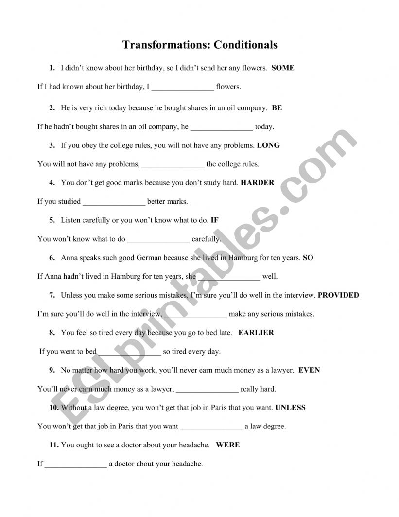 Transformations conditionals worksheet