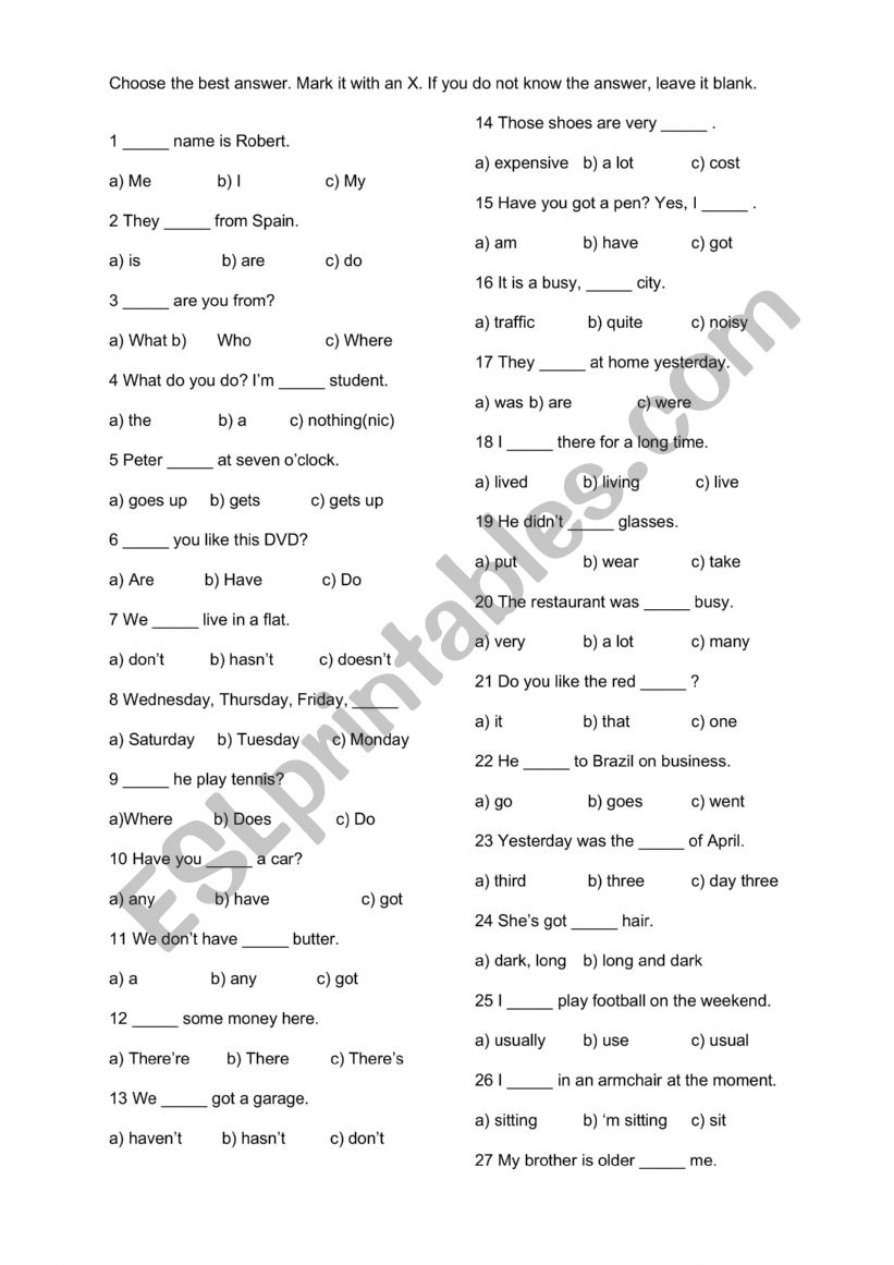 A2 Skill Test worksheet