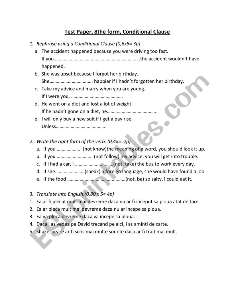 Test paper conditional worksheet