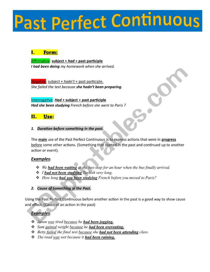 past perfect continuous worksheet