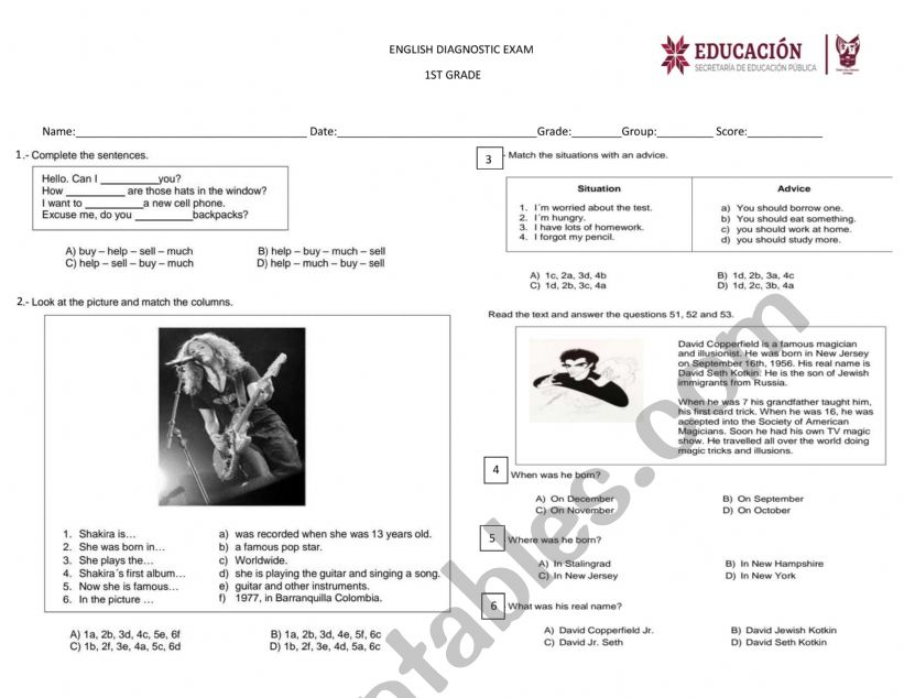 Exam 1st grade worksheet
