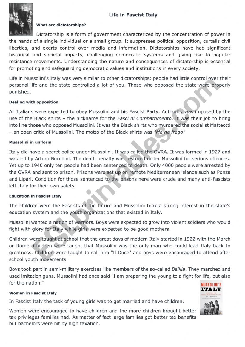 Fascism and Italy worksheet