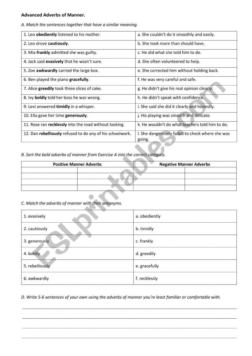 Adverbs of Manner C1 level worksheet