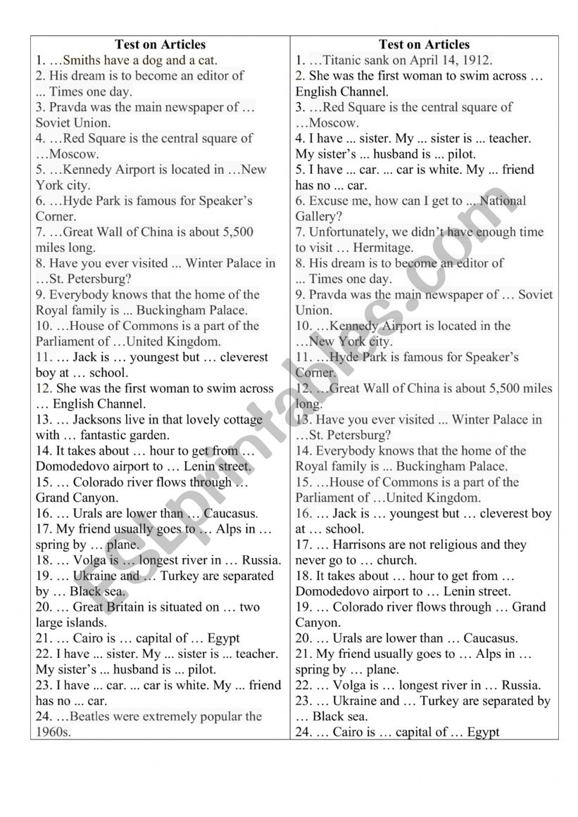 Articles worksheet