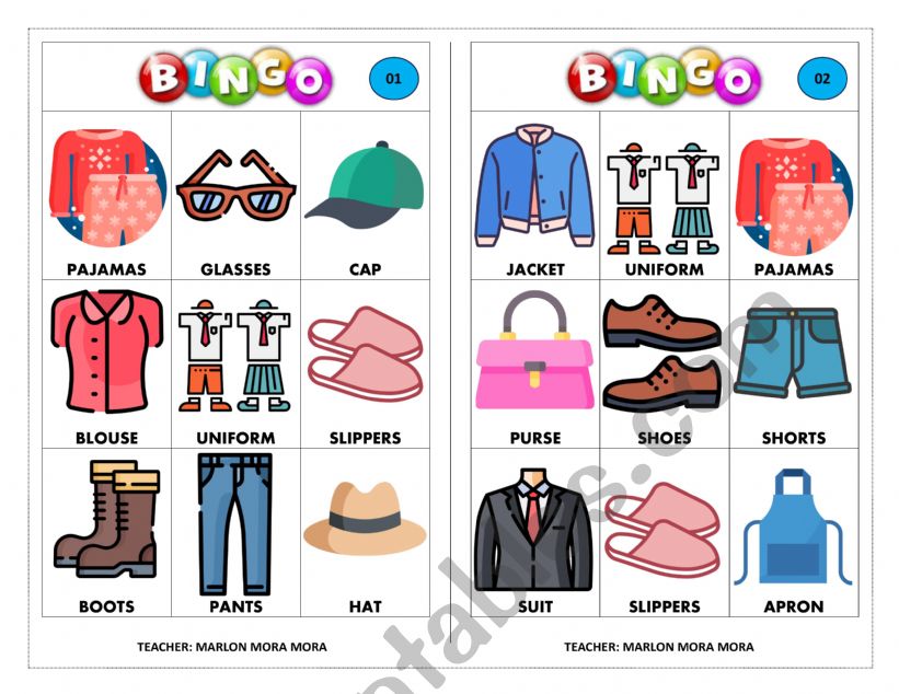 Clothing Items Bingo Cards worksheet
