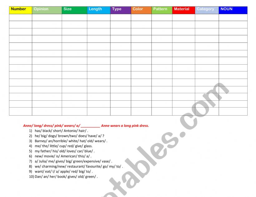 CHART TO PRACTICE ORDER OF ADJECTIVES