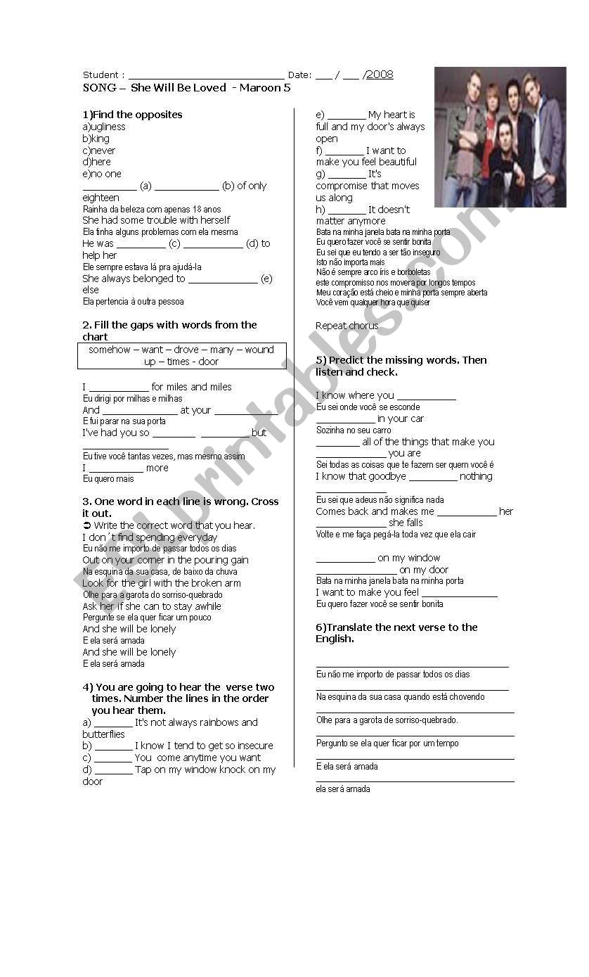 She Will Be Loved  - Maroon 5 worksheet