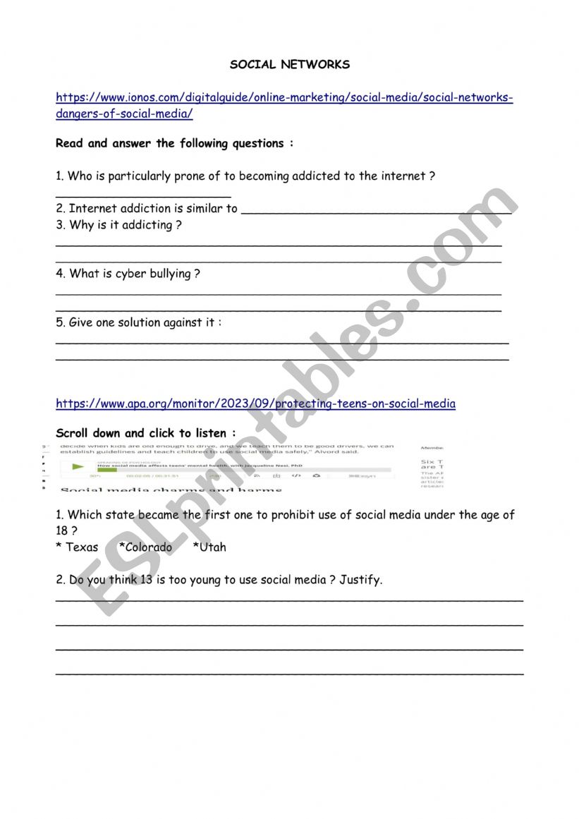 Webquest on social media worksheet