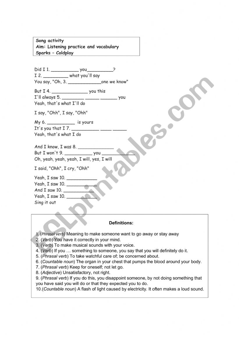 Sparks by Coldplay worksheet