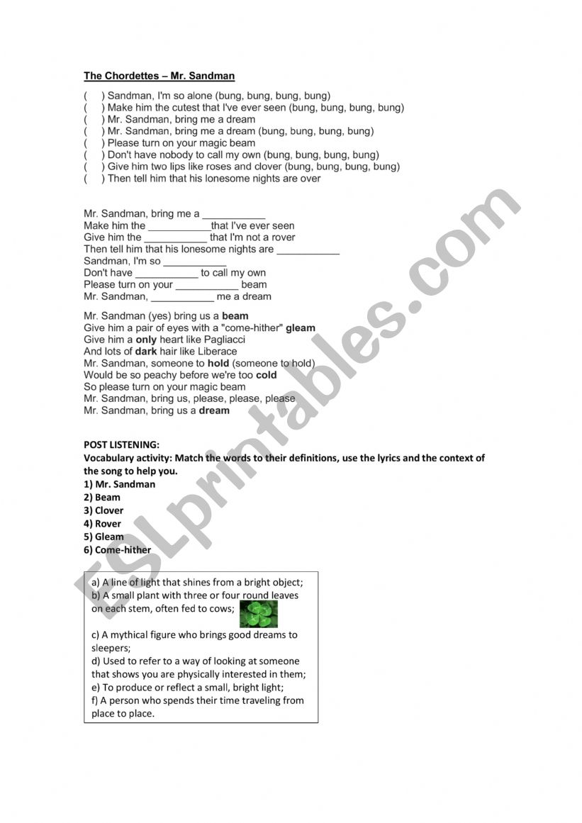 The Chordettes  Mr. Sandman worksheet
