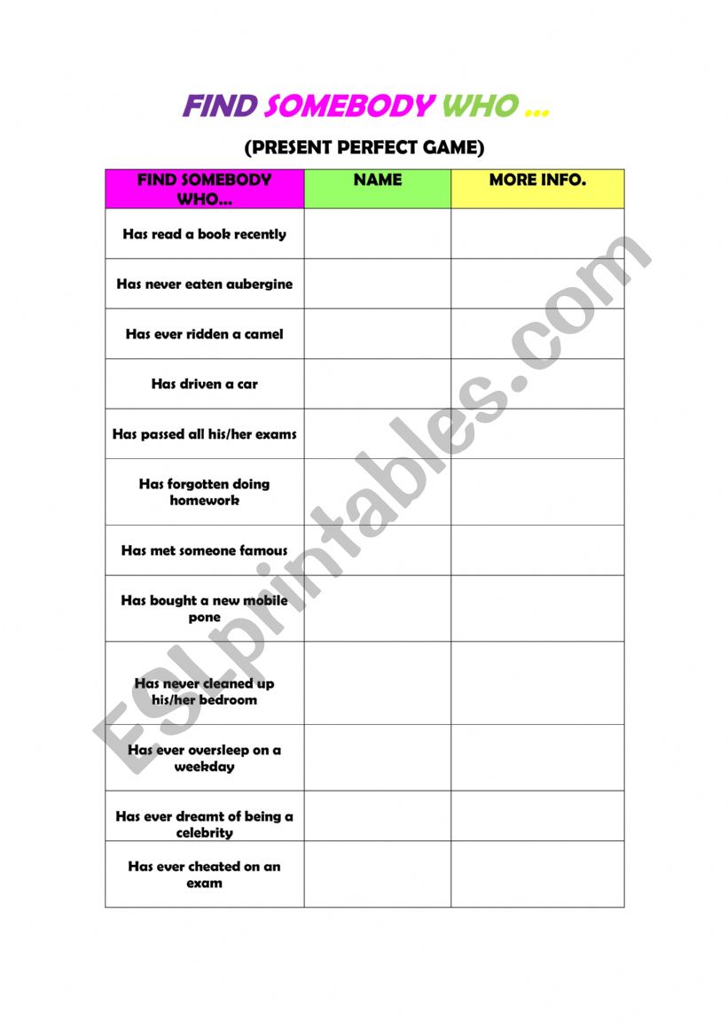 FIND SOMEBODY WHO... worksheet