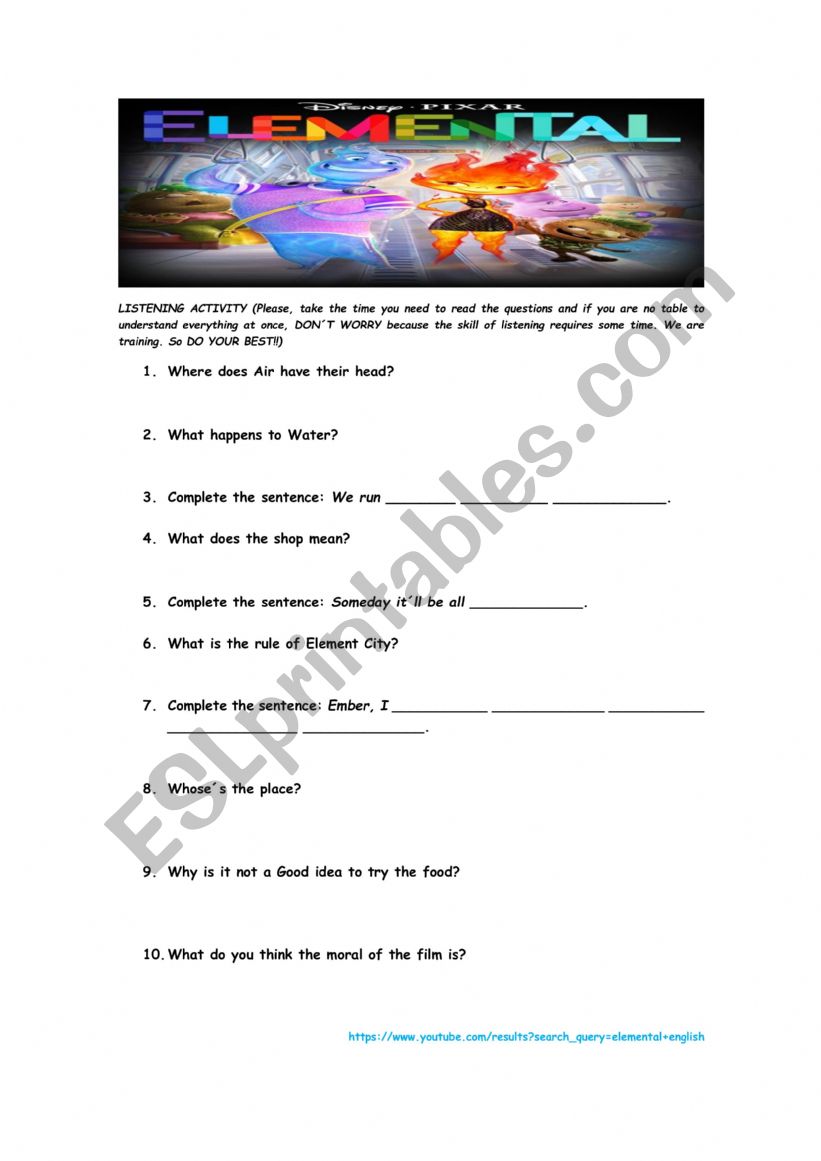 ELEMENTAL. LISTENING ACTIVITY worksheet