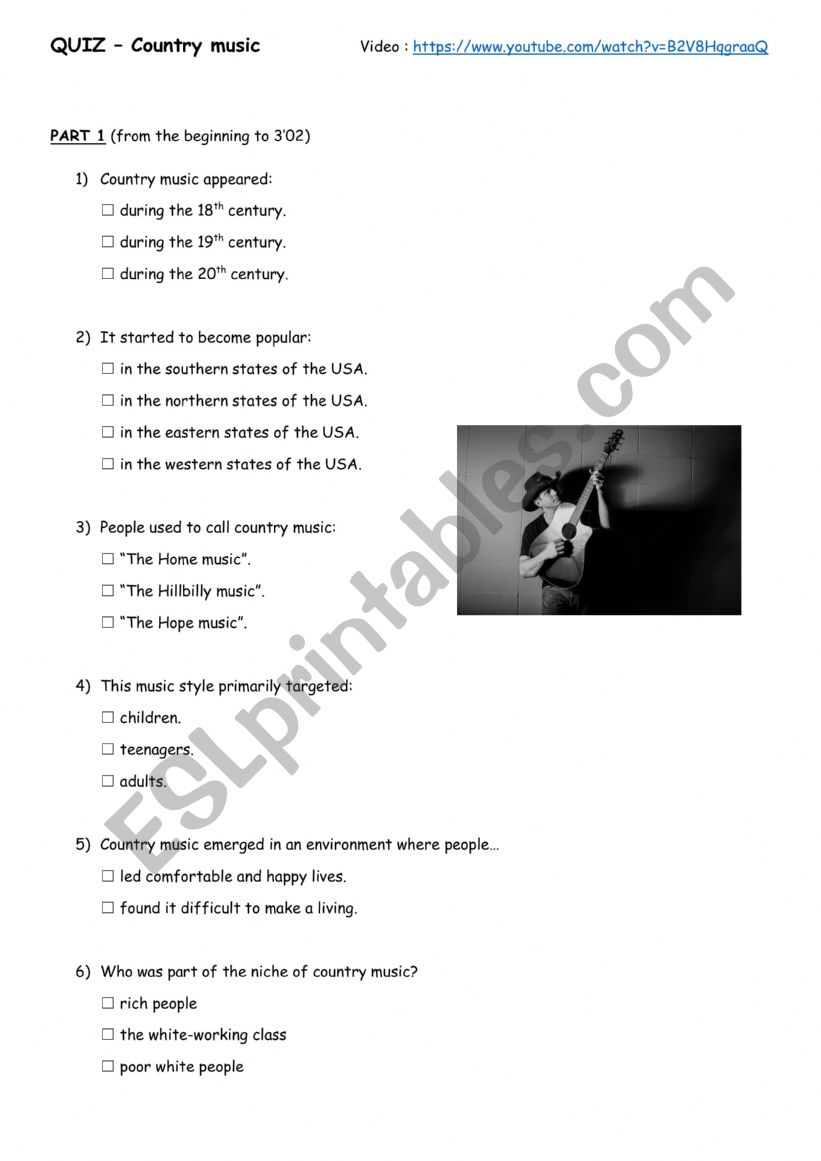 Quiz about country music  worksheet