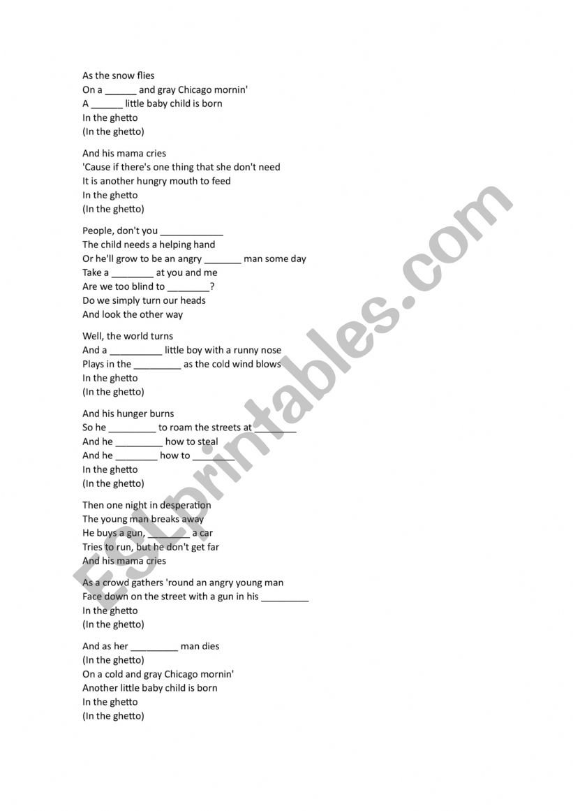In the ghetto - song  worksheet