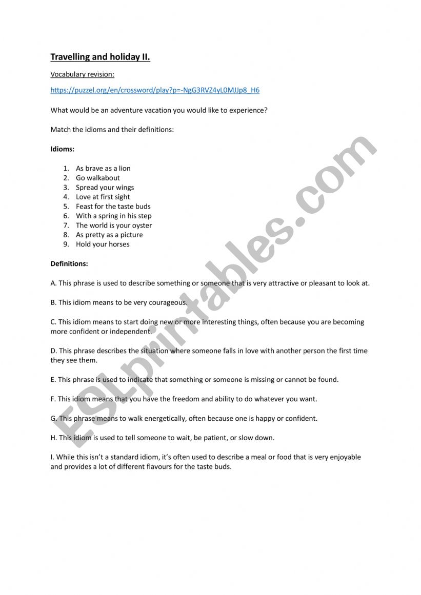 Travelling and holiday worksheet