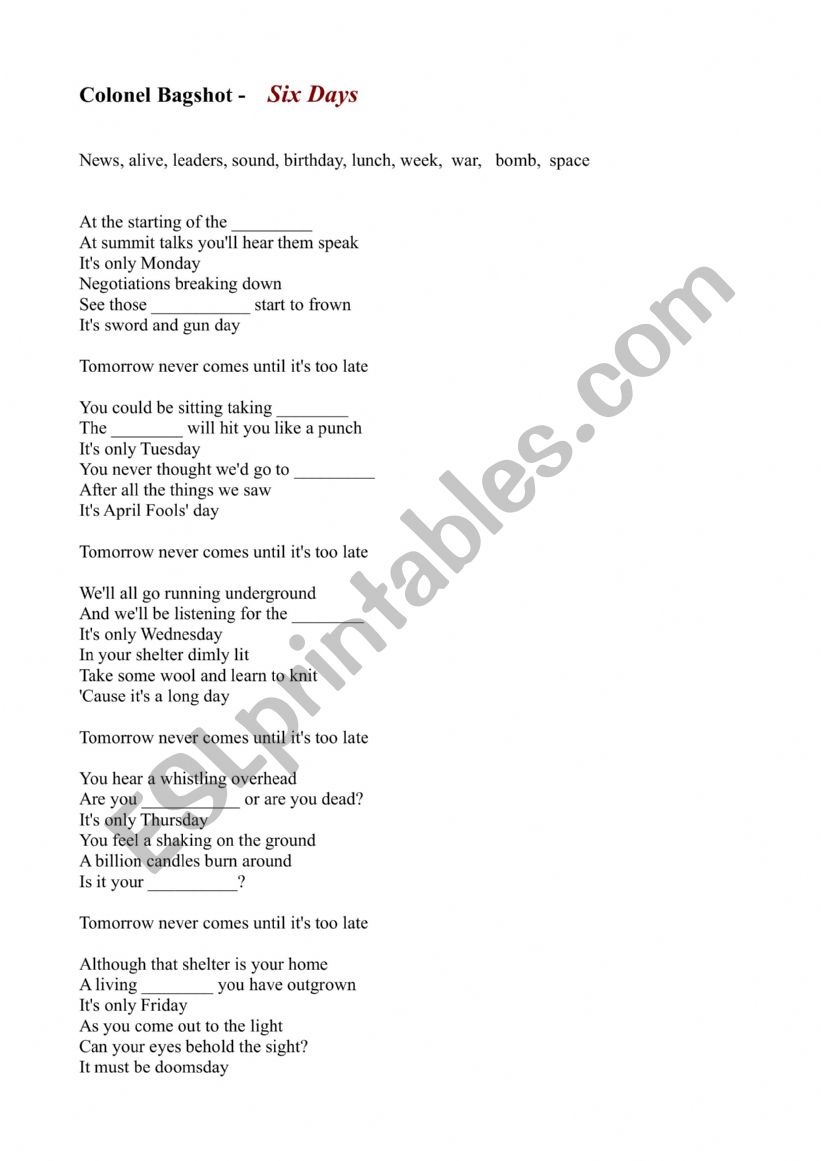 Six Days - Colonel Bagshot worksheet
