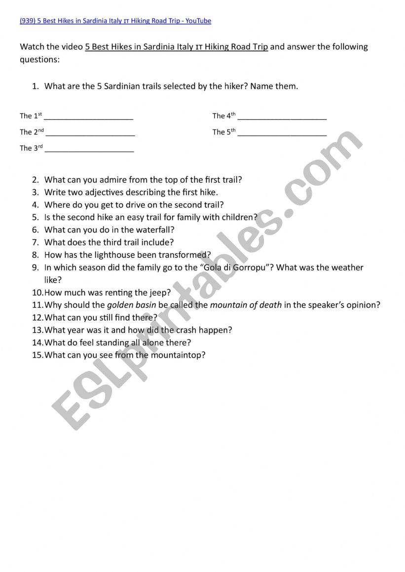 5 Hikes in Sardinia worksheet