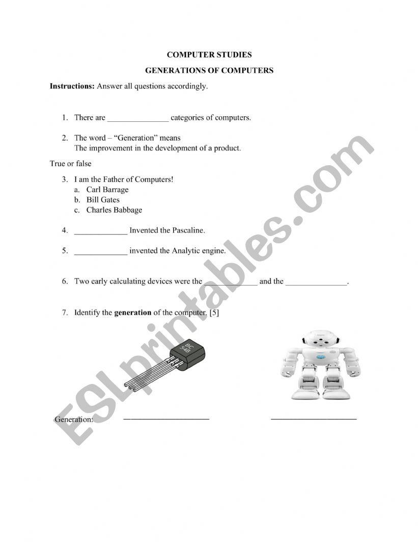 Generation of Computers worksheet