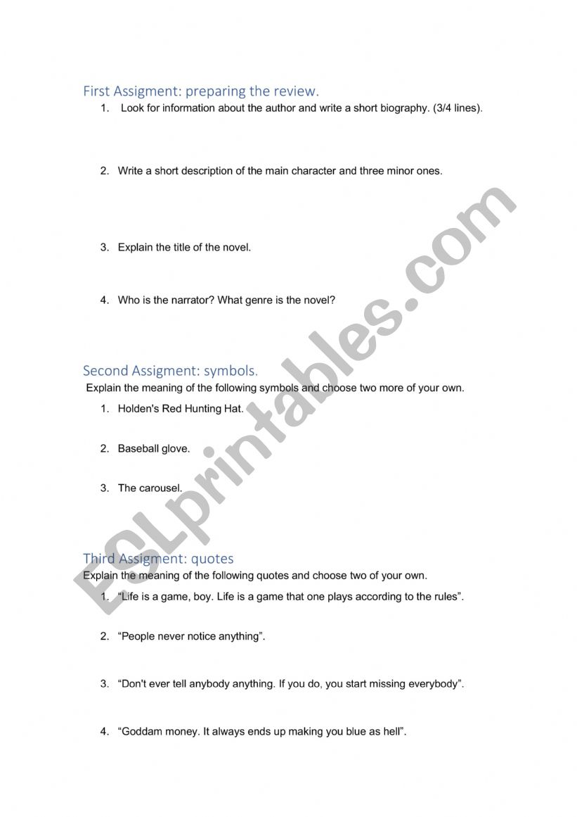 The Catcher in the rye worksheet