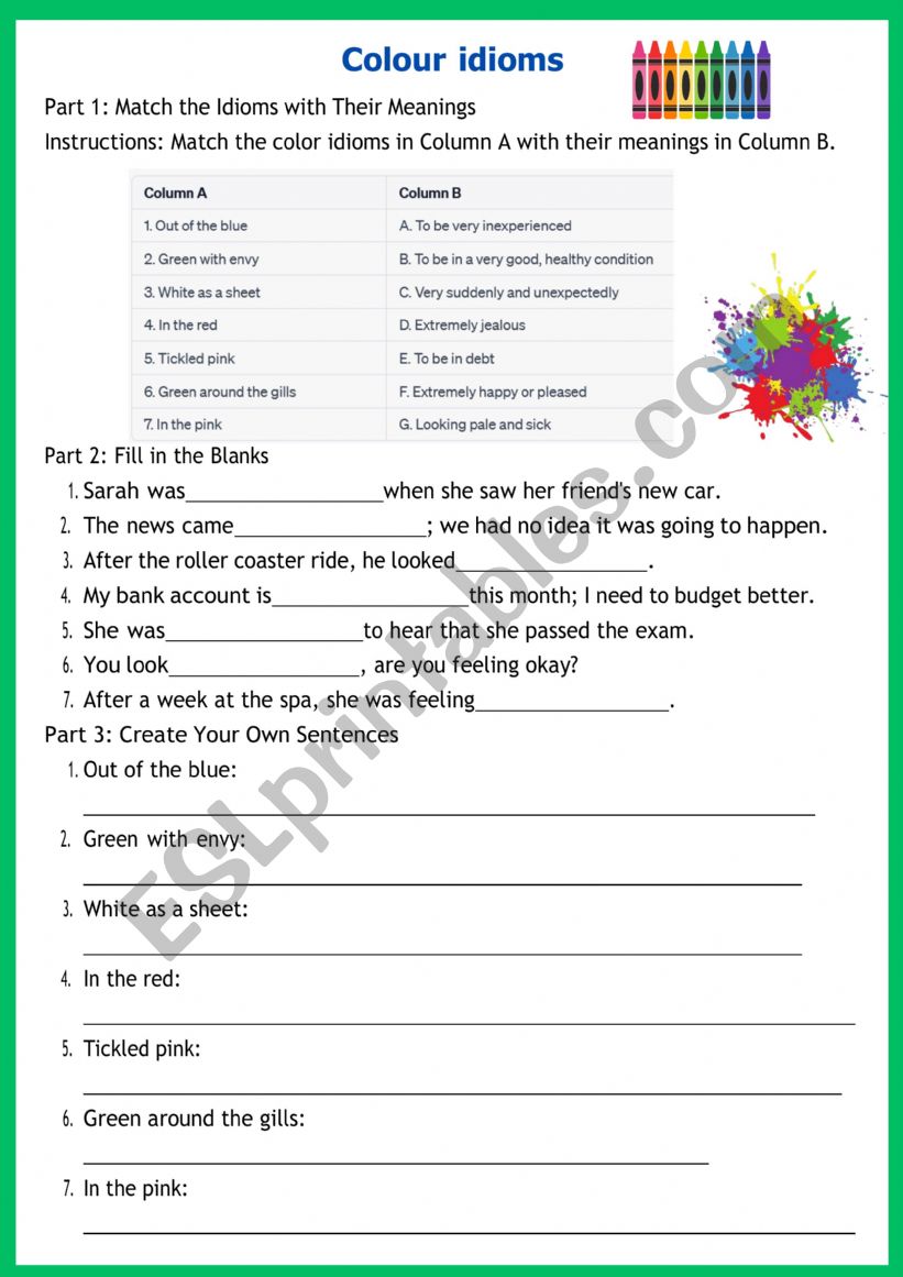 Colour idioms worksheet