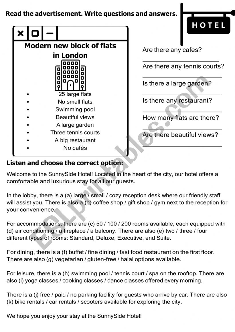 Hotel advertisement worksheet
