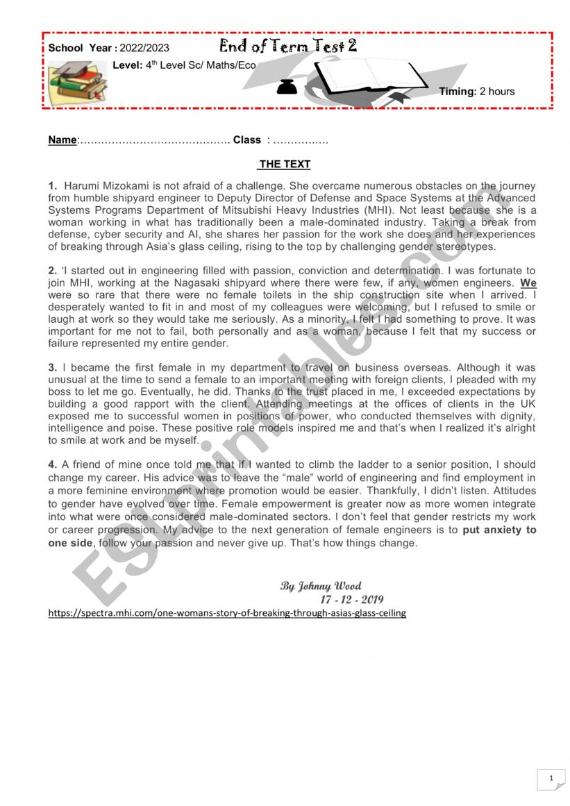 End of term test 2 worksheet