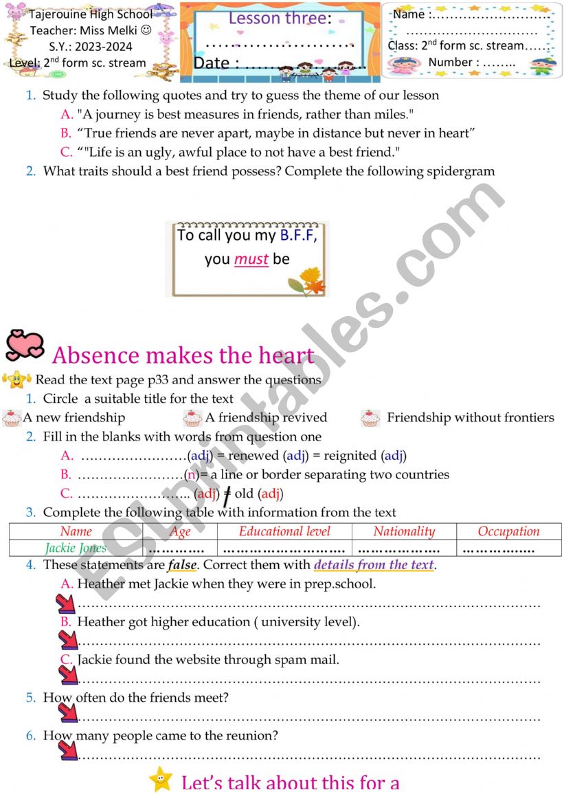 Friendship ( 2nd form lesson 3)