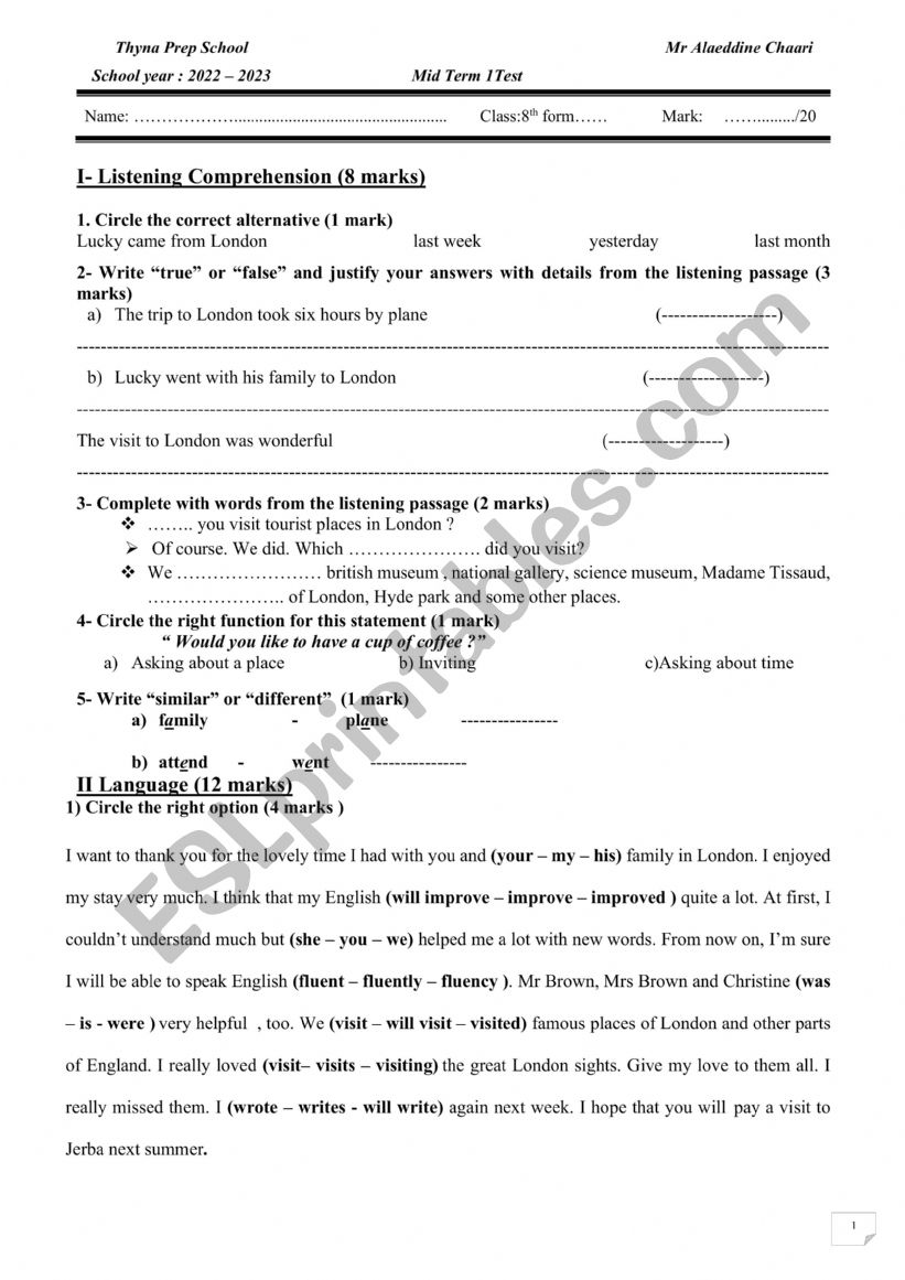 Mid Term 1 Test  8th form worksheet