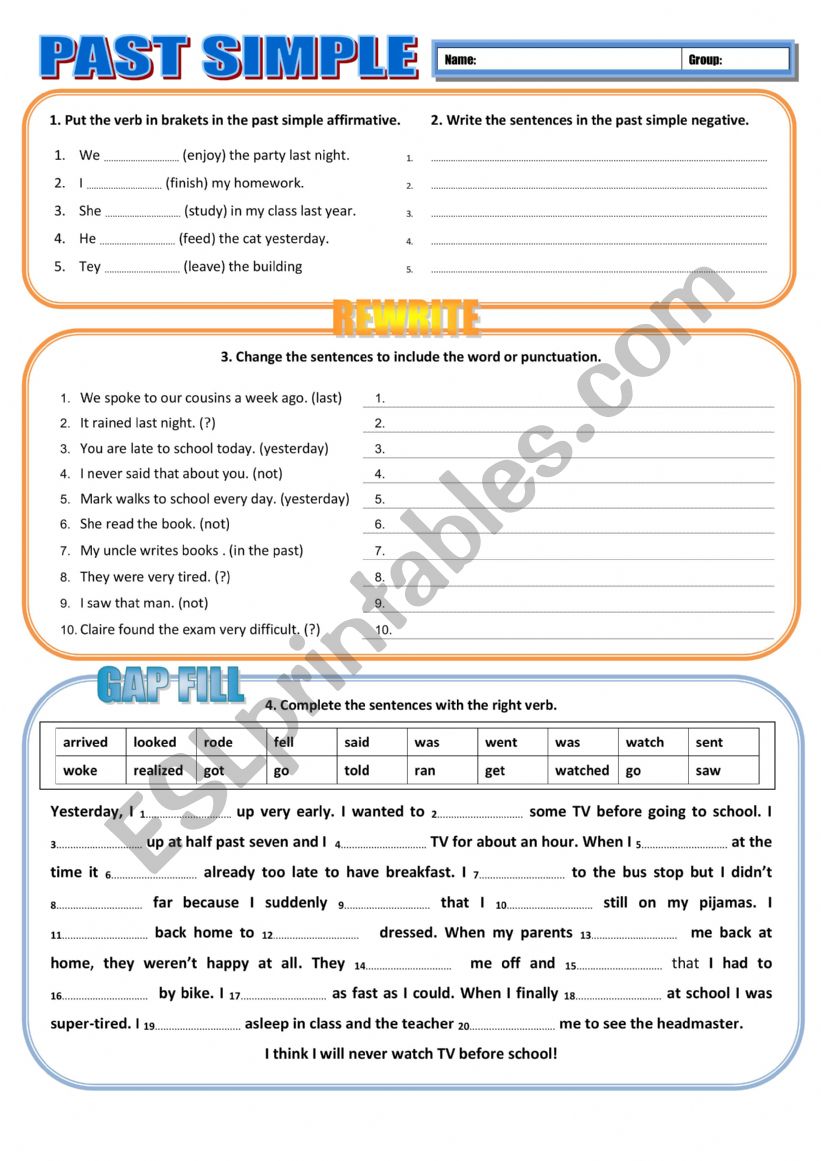 Past Simple Rewrite and GapFill