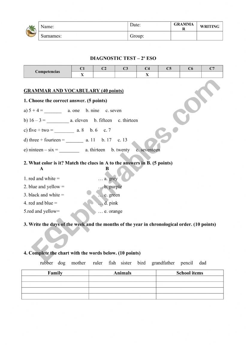 Diagnostic test 2Âºeso worksheet