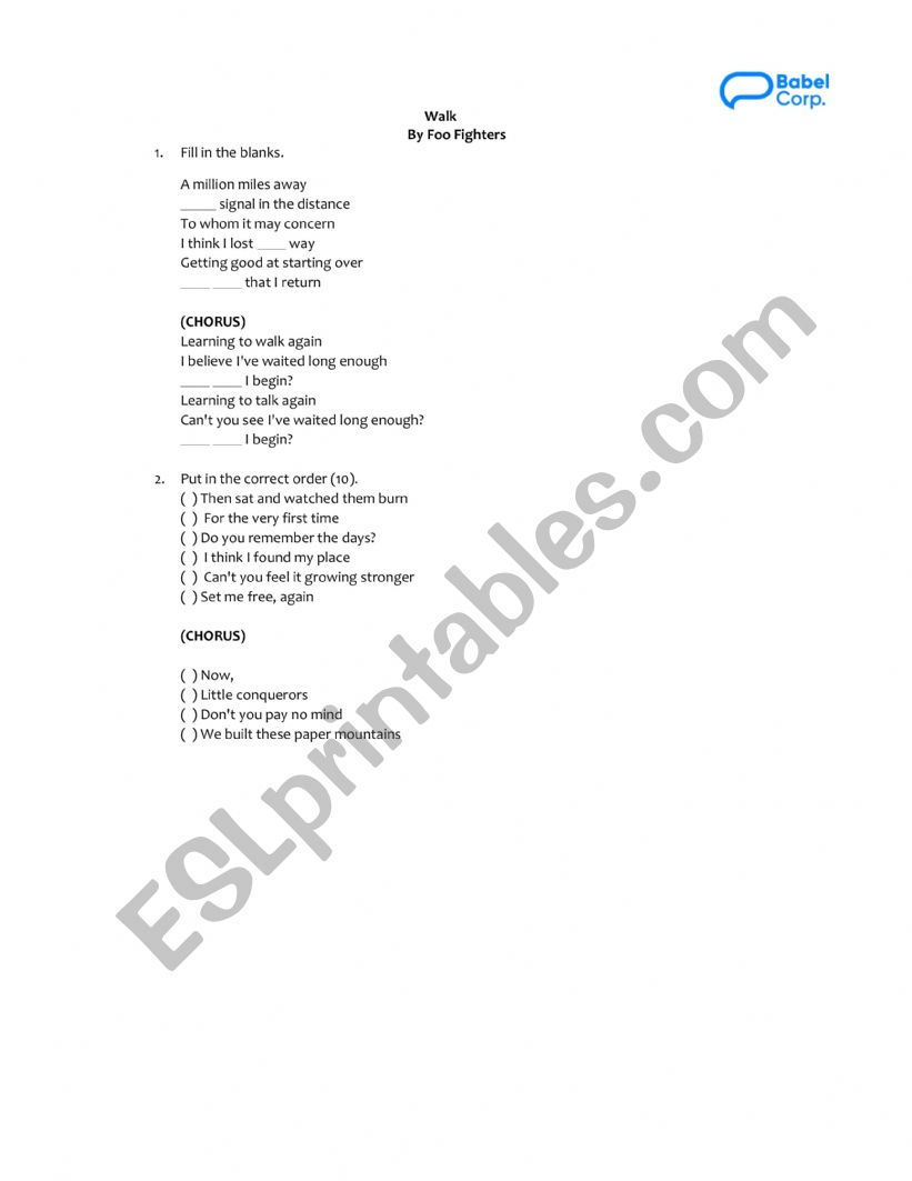 Song Worksheet - Foo Fighters, My Hero - ESL worksheet by LauraEBell