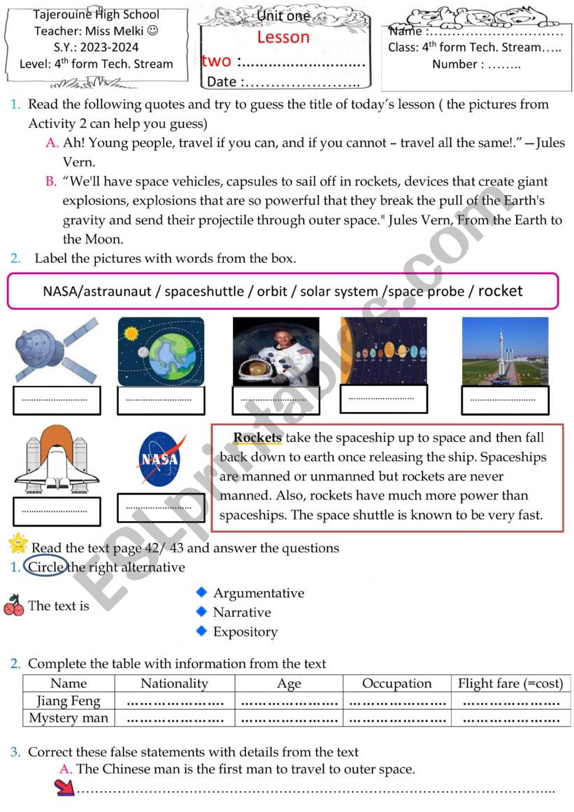 Space Tourism 4th form worksheet