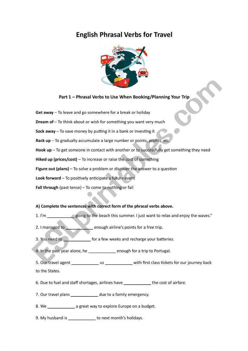 Phrasal verbs for travel worksheet